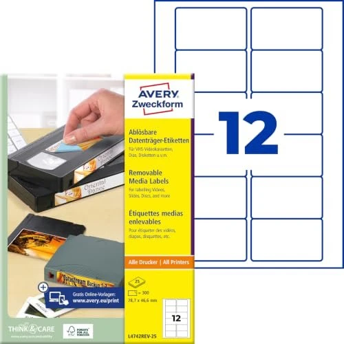 Avery-Zweckform Etiketten für Speichermedien, 78.7x46.6mm, ablösbar, weiß, 25 Blatt (300 Etiketten)
