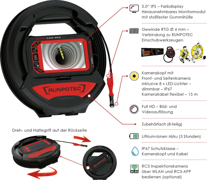 Runpotec RC3 Akku-/Elektro-Inspektionskamera inkl. Akku 3.0Ah + Zubehör