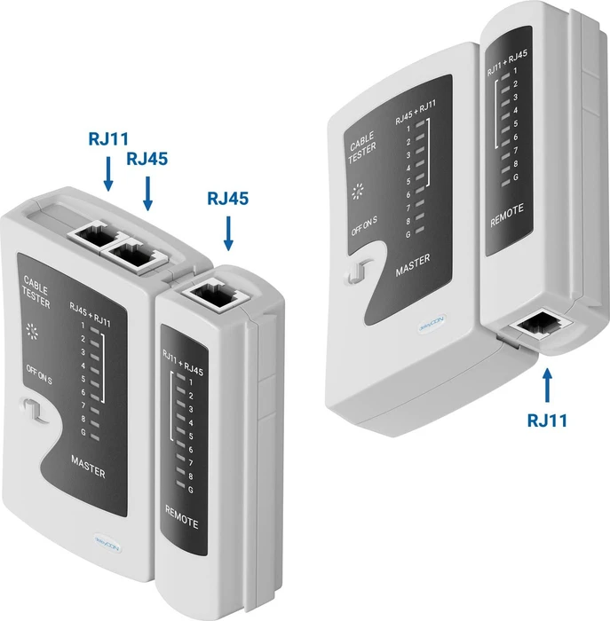 deleyCON Netzwerk-Kabeltester für RJ45/RJ12/RJ11, grau