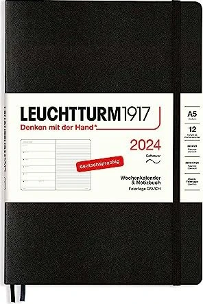 Leuchtturm1917 Wochenkalender/Notizbuch 2024 2024, A5, Softcover, schwarz, 72 Blatt