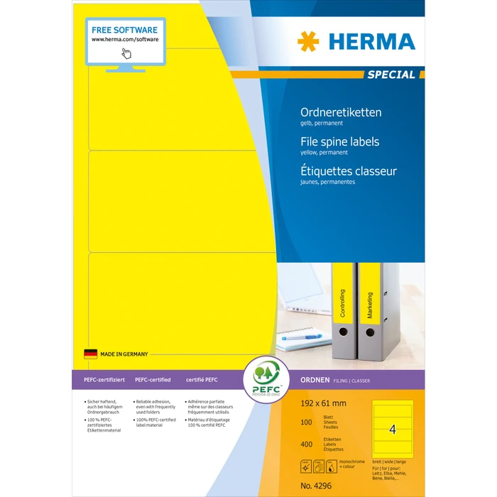 Herma Ordneretiketten, 61x192mm, gelb, matt, 100 Blatt (400 Etiketten)