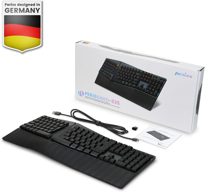 Perixx Periboard-835 Ergo Wireless, schwarz, LEDs RGB, Kailh Choc LOW PROFILE BROWN, USB/Bluetooth, US