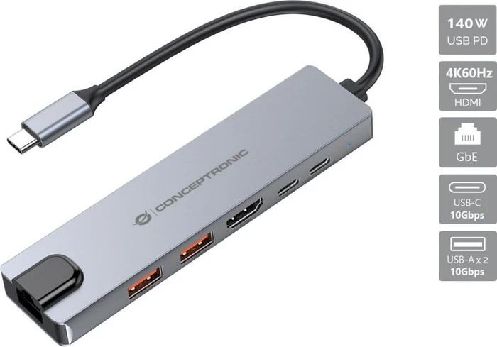 Conceptronic 6-in-1 Dockingstation, USB-C 3.1 [Stecker]