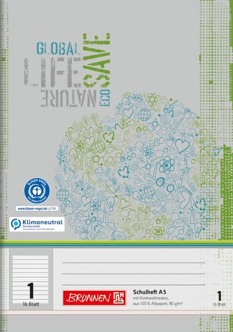 Brunnen Recycling Schulheft, A5, Lineatur 1, grau/grün, 16 Blatt