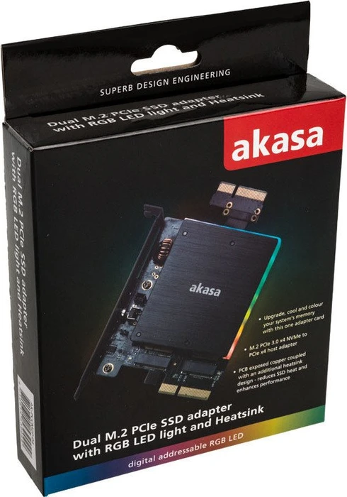 Akasa Dual M.2 PCIe SSD adapter with RGB LED light and heatsink
