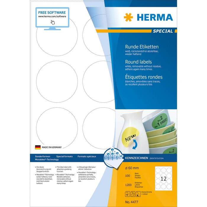Herma Etiketten Special rund, 60mm, ablösbar, weiß, matt, 100 Blatt (1200 Etiketten)