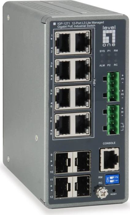 LevelOne IGP-12 Turing Industrial Railmount Gigabit Managed Switch, 8x RJ-45, 4x SFP, 240W PoE+