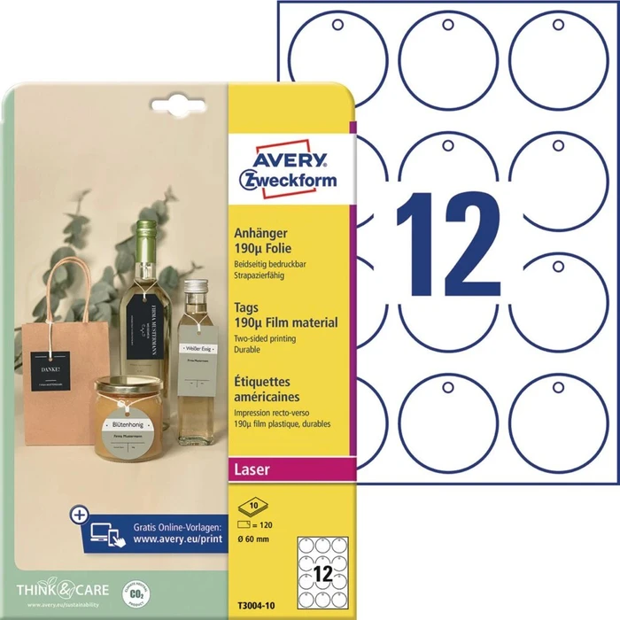 Avery-Zweckform Folienanhänger mit Öse und Fäden rund, 60mm, wetterfest, weiß, 10 Blatt (120 Stück)