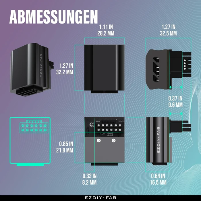 EZDIY-FAB 12VHPWR Winkeladapter 90°, Variante RVS, Sense-Pins an der Oberseite, schwarz