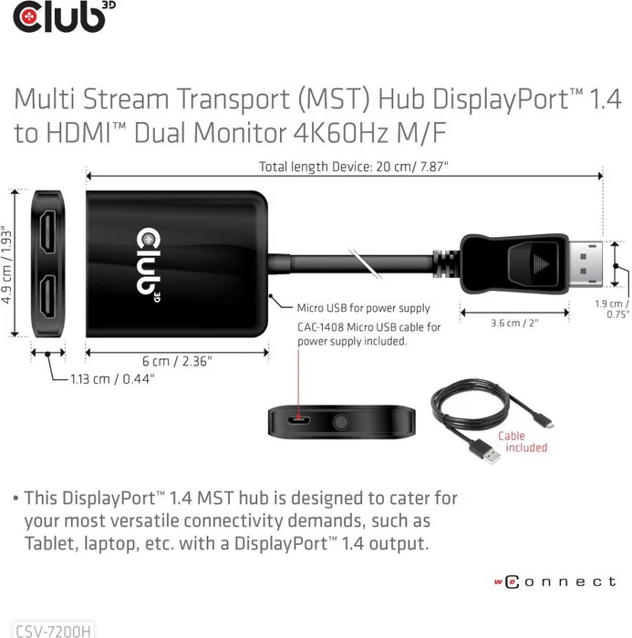 Club 3D MST-Hub DisplayPort 1.4 auf 2x HDMI Dual Monitor 4K60Hz
