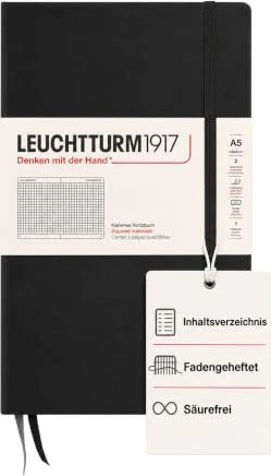 Leuchtturm1917 Medium Notizbuch, A5, kariert, Hardcover, schwarz