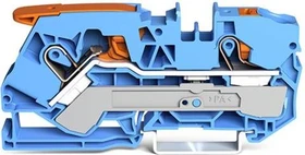 Wago 2-Leiter-Durchgangsklemme mit Hebel und Drücker 10 mm² mit Prüföffnung für Anwendungen Ex i geeignet seitliche und mittige Beschriftung für Tragschiene 35 x 15 und 35 x 7,5 Push-in CAGE CLAMP 10,00 mm² blau