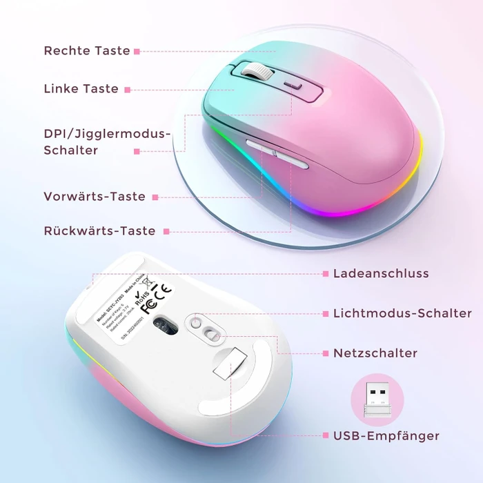 Seenda Rechargeable Wireless RGB Mouse mit Jiggler-Funktion, türkis/rosa, USB