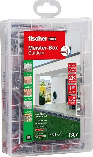 fischer Meister-Box Outdoor + Schraube Schrauben/Dübel-Sortiment inkl. Werkzeugbox, 130 Stück