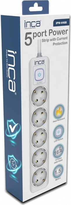 Inca IPW-44GB Steckdosenleiste mit Schalter, 5-fach, 1.5m, weiß
