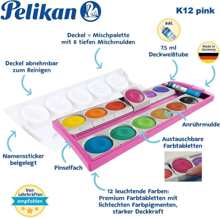 Pelikan K12 Deckfarbkasten pink, 12 Farben