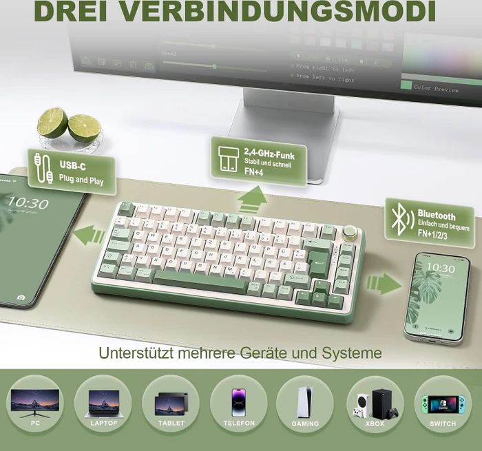 Yunzii B75 Pro, Matcha Green, beige, Cocoa Cream V2, USB/Bluetooth, DE
