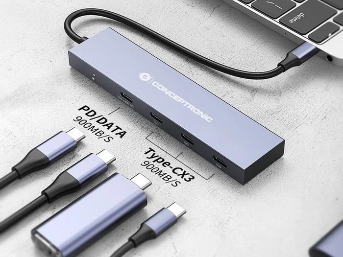 Conceptronic 4 Port USB 3.1 Hub mit 100W USB PD, USB-C 3.1 [Stecker]