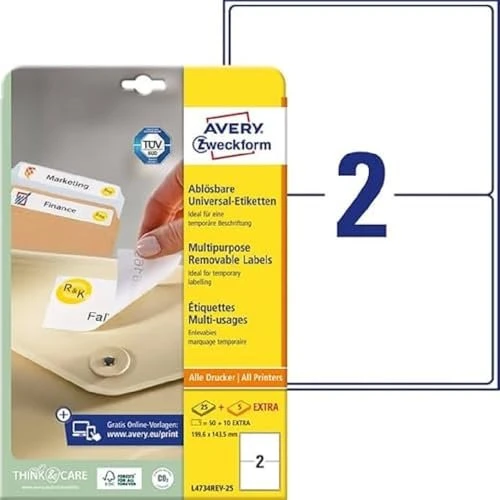 Avery-Zweckform Etiketten, 199.6x143.5mm, ablösbar, weiß, 30 Blatt (60 Etiketten)