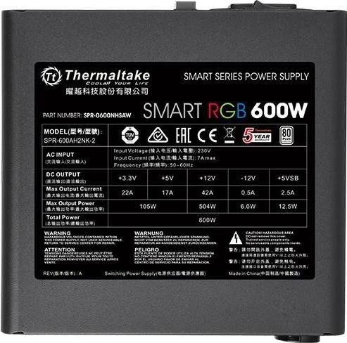 Thermaltake Smart RGB 600W, ATX 2.3