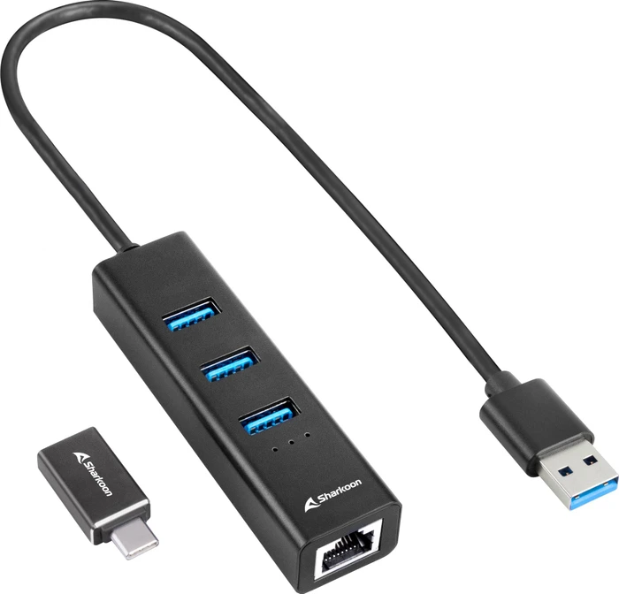 Sharkoon 3-Port Aluminium Hub schwarz, RJ-45, USB-A 3.0/USB-C 3.0 [Stecker]
