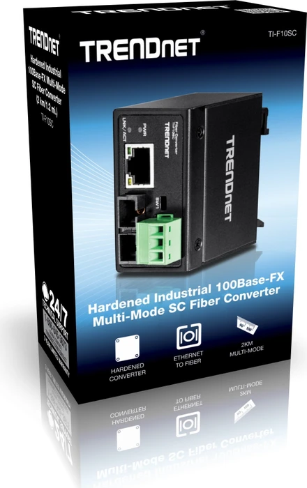 TRENDnet TI-F10SC Hardened Industrial Railmount Media Converter, RJ-45, SC-Duplex 100Base-FX MM 2km