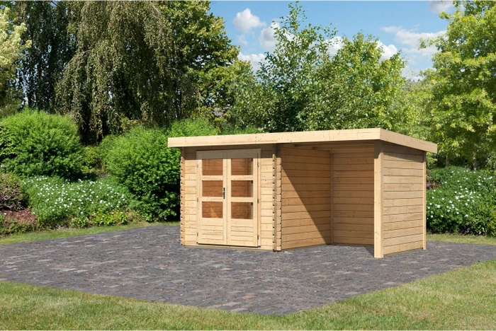 Karibu Bastrup 2 Gartenhaus inkl. Anbau 2m + Rück- und Seitenwand natur