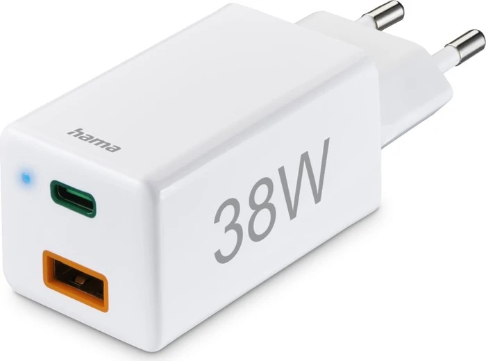 Hama Schnellladegerät 1x USB-C PD 1x USB-A QC Mini-Ladegerät 38W weiß