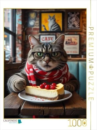Calvendo Café-Katze mit Brille und Kuchen - witziges Katzenbild im Hipster-Stil