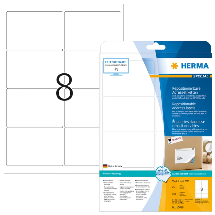Herma Adressetiketten, 99.1x67.7mm, ablösbar, weiß, matt, 25 Blatt (200 Etiketten)