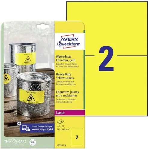 Avery-Zweckform Folienetiketten, 210x148mm, wetterfest, gelb, 20 Blatt (40 Etiketten)