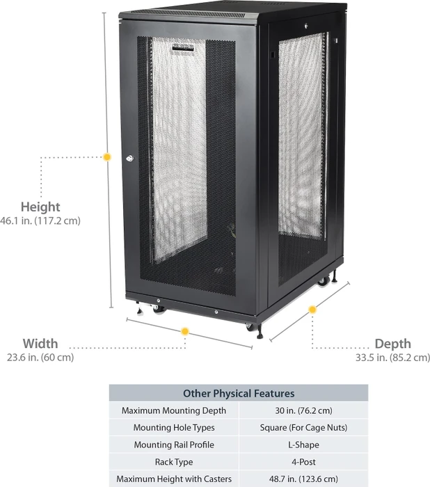 StarTech RK2433BKM Serverschrank 24HE, mit Rollen, Sicherheitsglastür, schwarz, 853mm tief