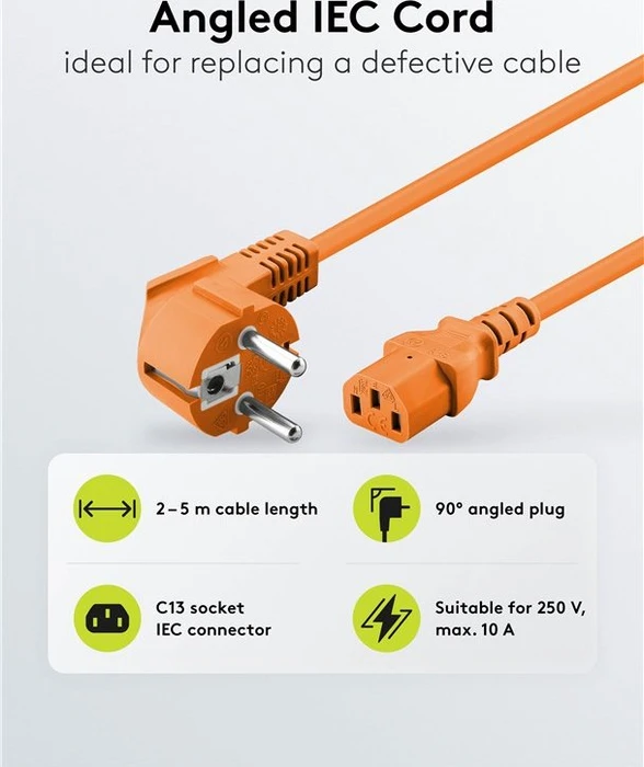Wentronic Goobay Kaltgeräte Netzkabel, Schutzkontakt auf Kaltgerätestecker C13, gewinkelt, orange, 2m