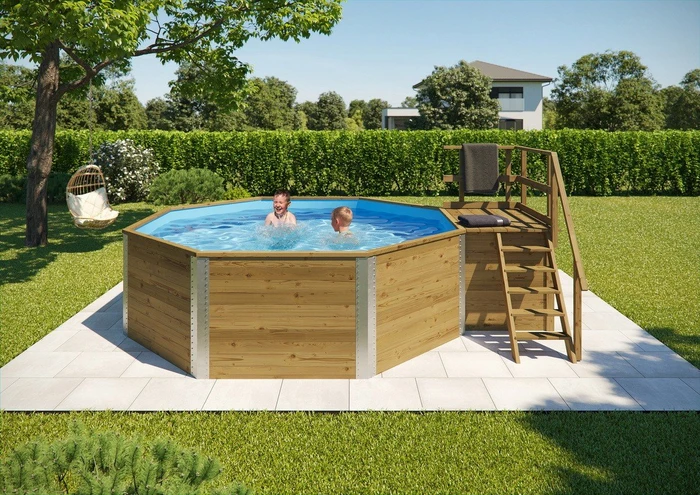 Weka 593 B Massivholz Frame Pool mit Filterpumpe und Leiter achteckig 376x376x116cm