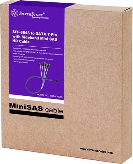 SilverStone Kabel Mini SAS HD x4, SFF 8643 Stecker Host auf 4x SATA 7-Pin Stecker Target, 0.5m