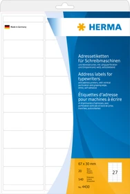 Herma Adressetiketten Schreibmaschine, 67x30mm, weiß, matt, 20 Blatt (540 Etiketten)