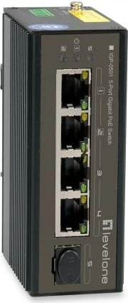 LevelOne IGP Industrial Railmount Gigabit Switch, 4x RJ-45, 1x SFP, 30W PoE+