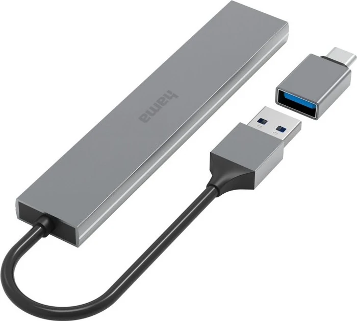 Hama USB-Hub Slim inkl. USB-C-Adapter, 4x USB-A 3.0, USB-A/USB-C 3.0 [Stecker]