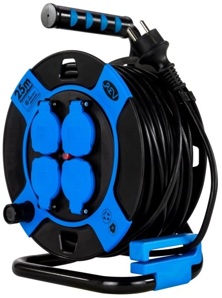 REV Ritter Kabeltrommel Kompakt Kunststoff, Schuko auf 4x Schuko, 25m, IP44, H05VV-F 3G1,5