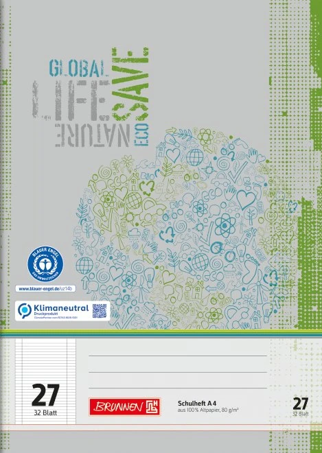Brunnen Recycling Schulheft, A4, Lineatur 27, grau/grün, 32 Blatt