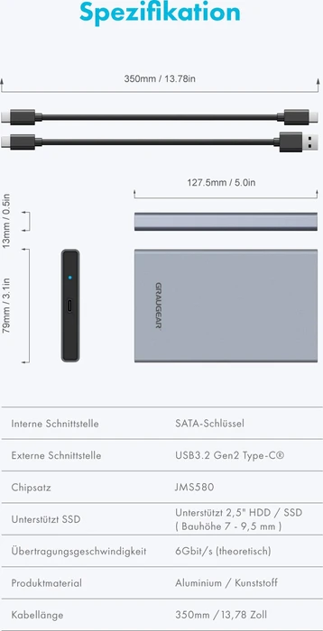 Graugear G-2501-AC-10G, 2.5", USB-C 3.1