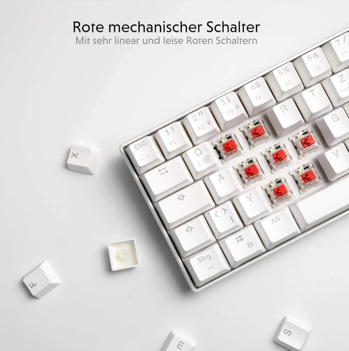 RK Royal Kludge RK61 60% Wireless, weiß, LEDs blau, Kailh RED, USB/Bluetooth, DE