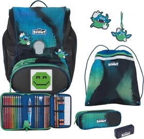 Scout Alpha Movie Star Blue Pixel mit PowerBank Schultaschen-Set, 4-tlg.
