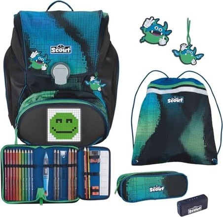 Scout Alpha Movie Star Blue Pixel mit PowerBank Schultaschen-Set, 4-tlg.