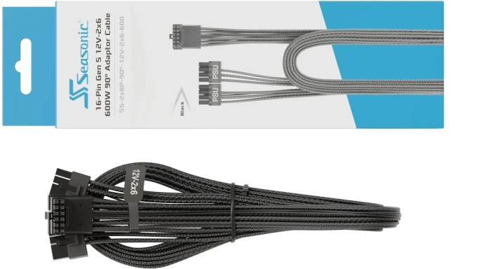 Seasonic 12V-2x6 Kabel, Adapterkabel, 2x 8-Pin PCIe Stecker auf 16-Pin PCIe 5.1 Stecker, Adapterkabel, schwarz, 90° gewinkelt, 70cm
