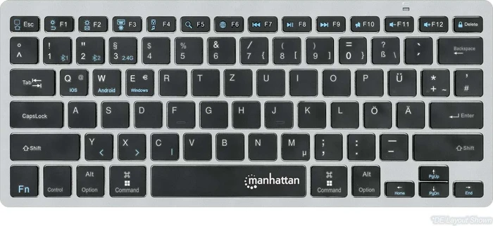 Manhattan Ultra Slim Dual-Mode Wireless Keyboard, schwarz/silber, USB/Bluetooth, DE