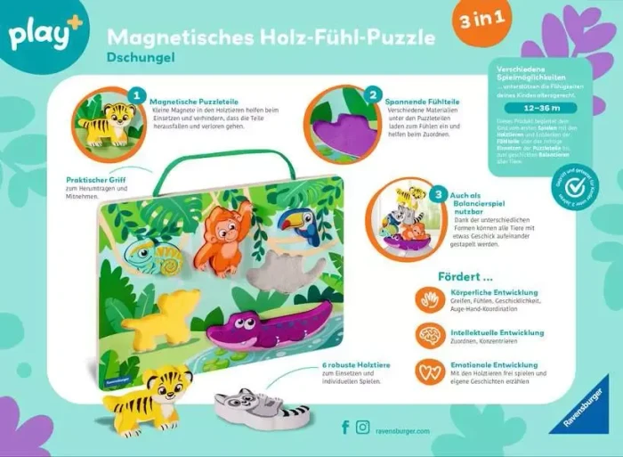 Ravensburger play+ Magnetisches Holz-Fühl-Puzzle: Dschungel