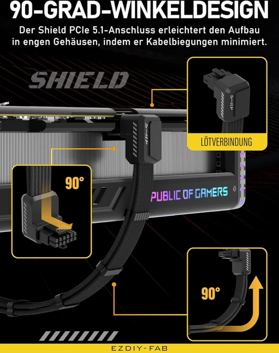 EZDIY-FAB 12V-2x6 Kabel, Shield, 16-Pin PCIe Verlängerungskabel, 1x 16-Pin PCIe 5.1 Buchse auf 16-Pin PCIe 5.1 Stecker, Variante Standard, Sense-Pins an der Unterseite, 16AWG, schwarz, 90° gewinkelt