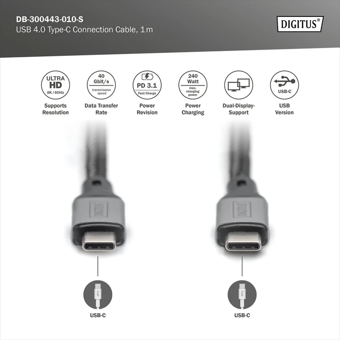 Digitus USB4 Kabel, 40Gb/s, 8K60Hz, 240W PD, USB-C Stecker auf USB-C Stecker, schwarz, 1m