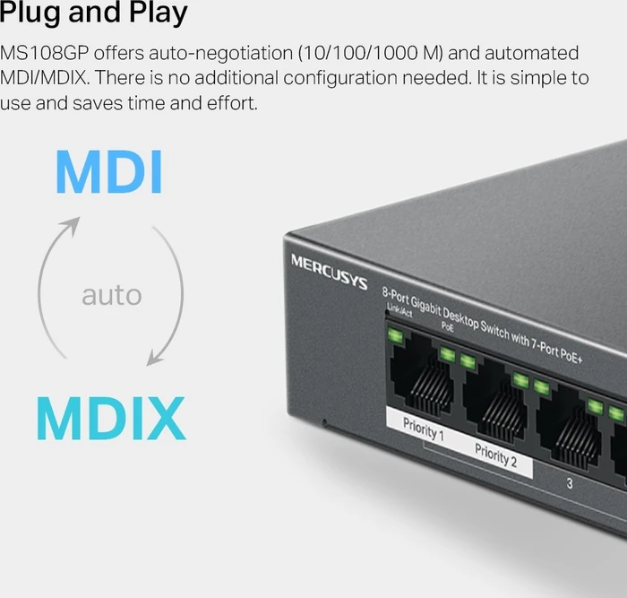 Mercusys Desktop Gigabit Switch, 8x RJ-45, 65W PoE+